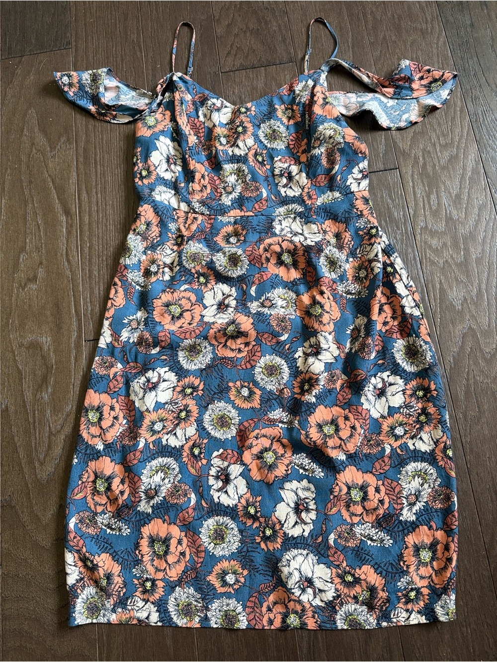 Astr Floral Blue off-shoulder Floral Sundress with Coral Accents. Size L
